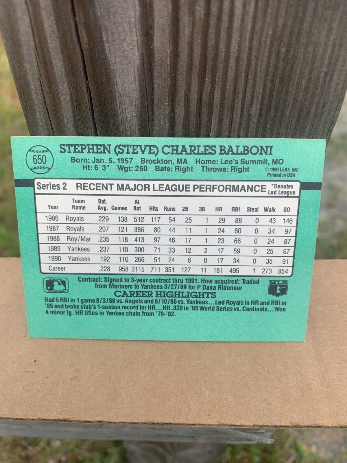 1991 Donruss Baseball Card New York Yankees Steve Balboni