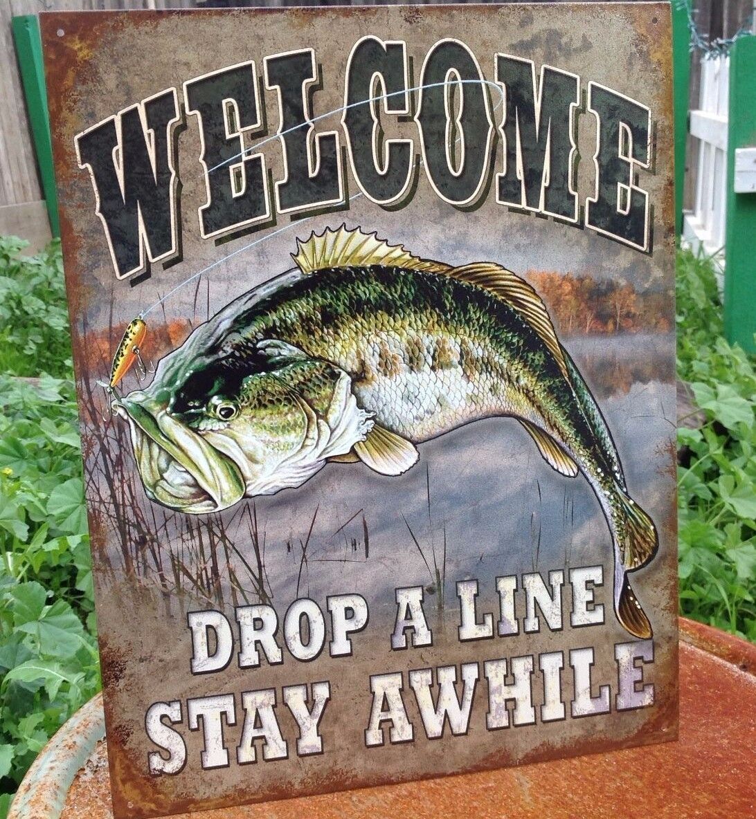 Welcome Fishing Drop Line Stay Awhile Tin Metal Sign Bass Wall Garage Vintage