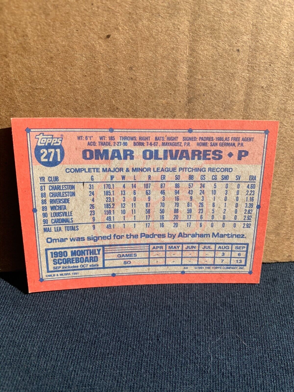 1991 Topps Baseball Card St. Louis Cardinals Omar Olivares