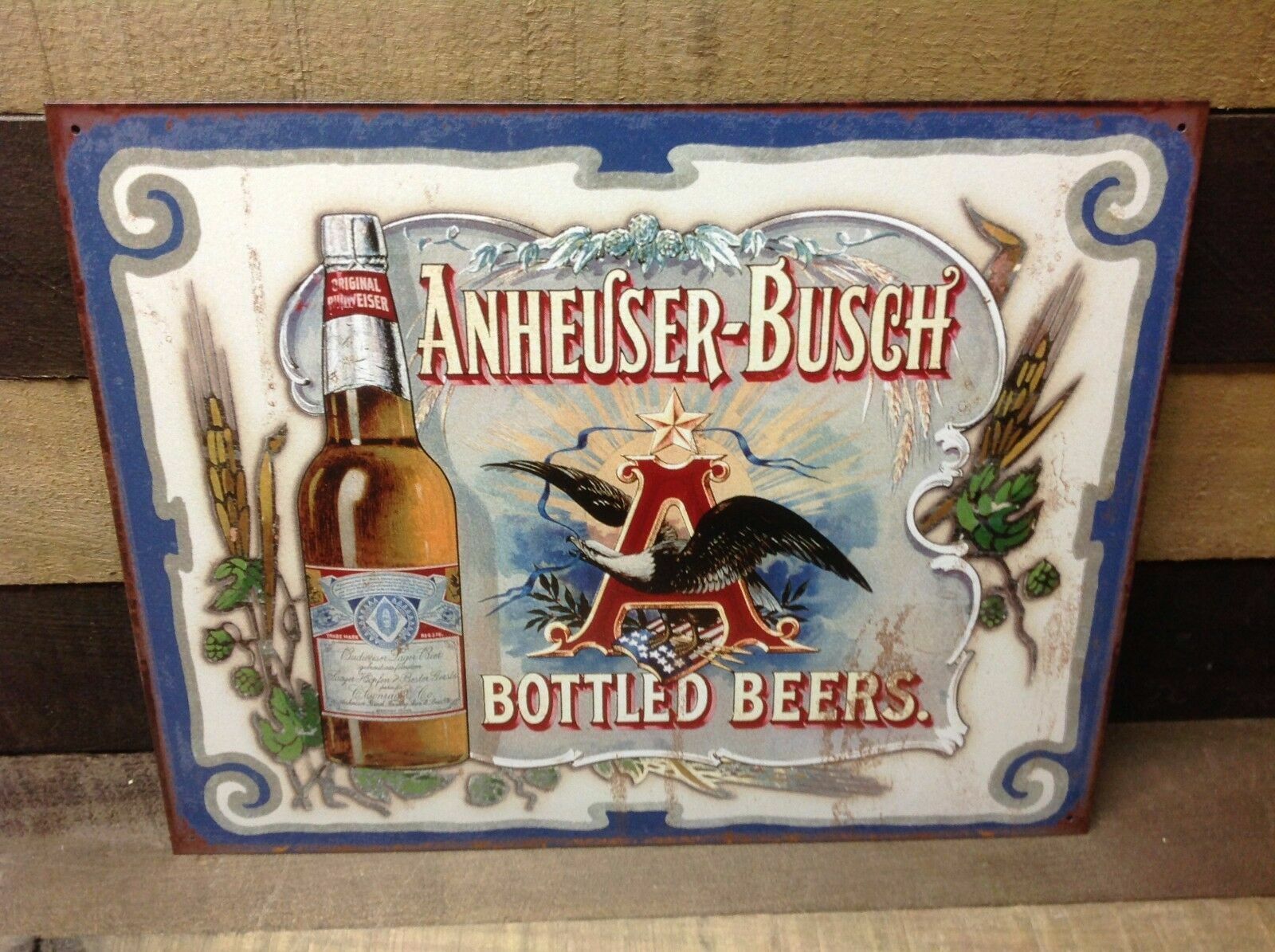 Vintage Anheuser Busch Beer Tin Metal Sign Glass Bottled Logo Classic Bar