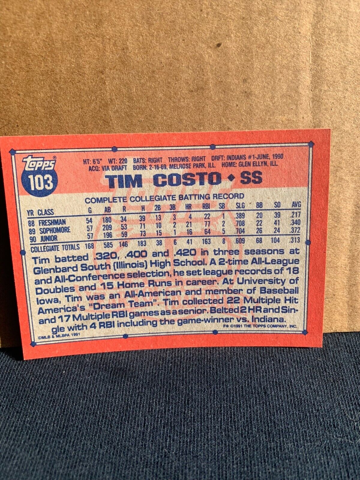 1991 Topps Baseball Card Cleveland Indians Tim Costo Draft Pick