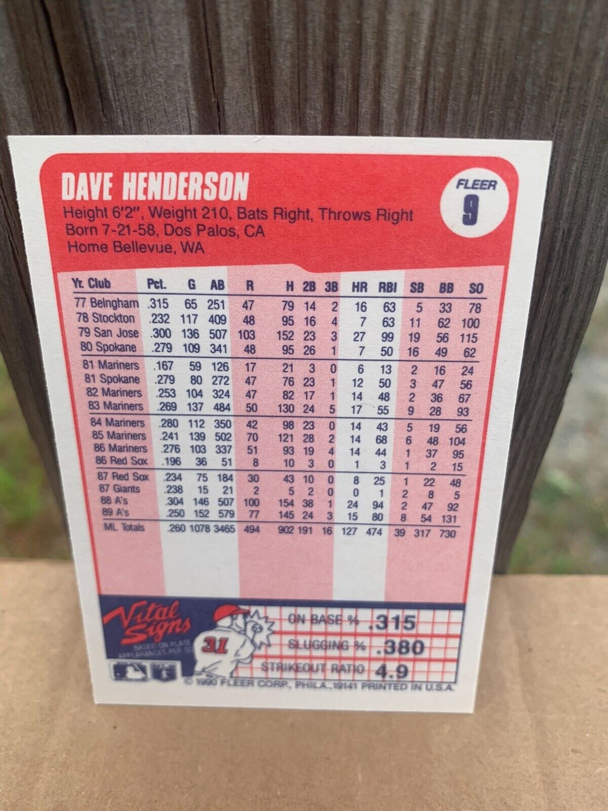 1990 Fleer Baseball Card Oakland Athletics Dave Henderson
