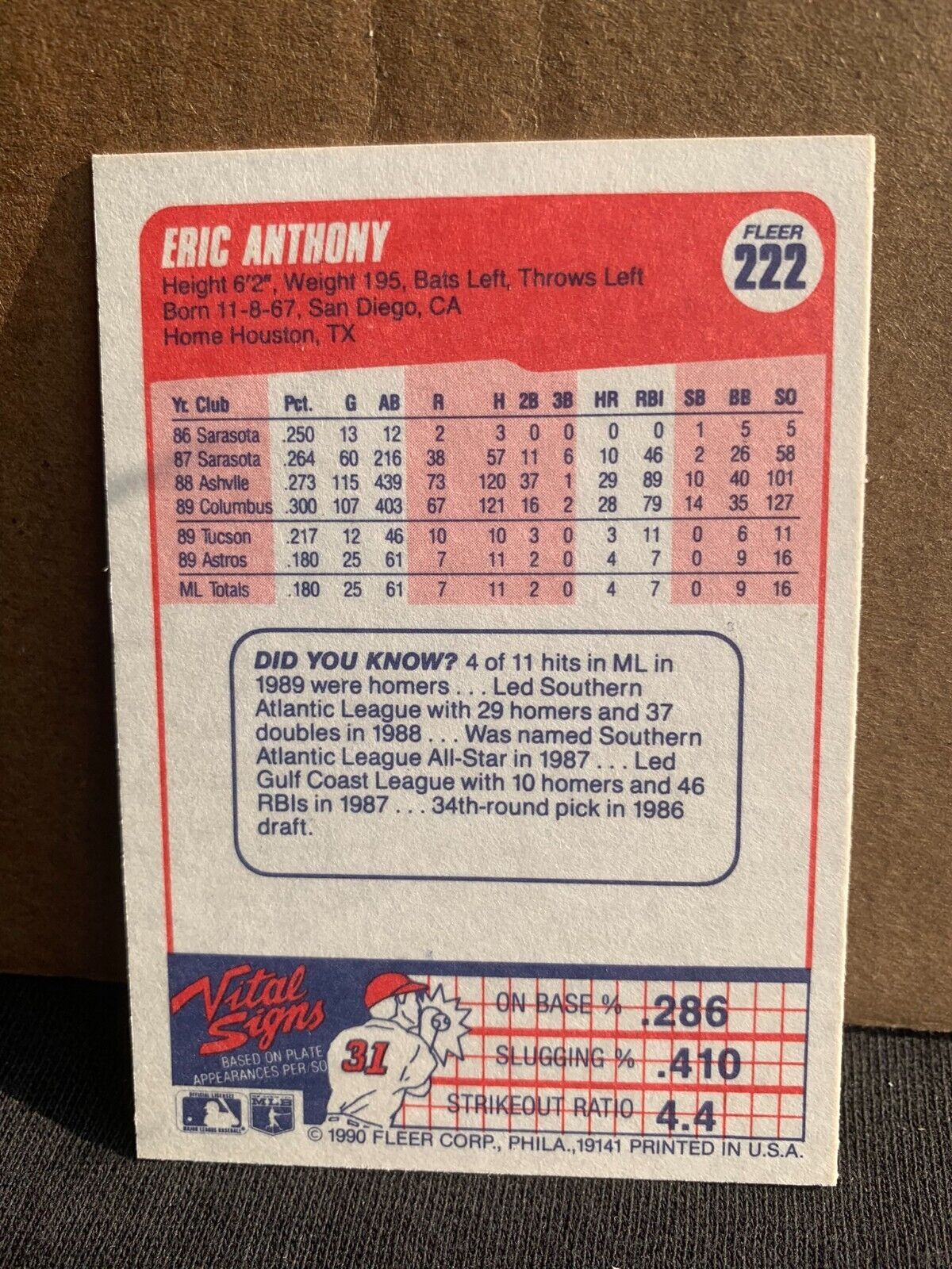 1990 Fleer Baseball Card Houston Astros Eric Anthony