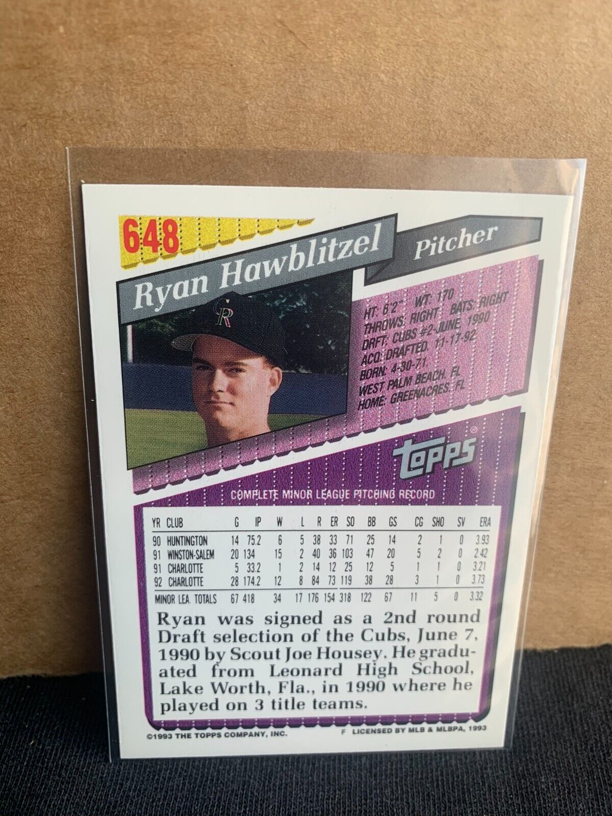 1993 Topps Gold Baseball Card Ryan Hawblitzel