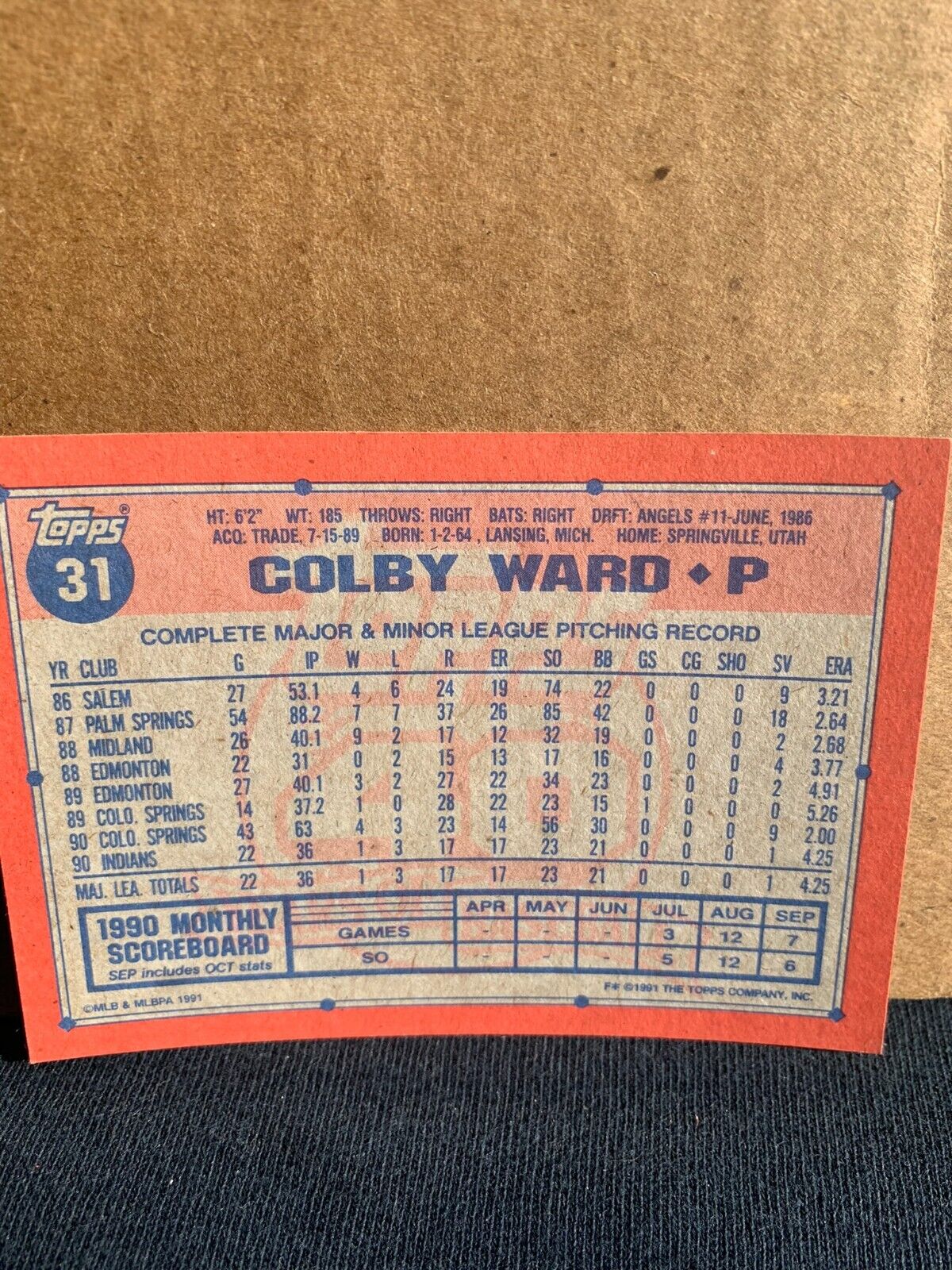 1991 Topps Baseball Card Cleveland Indians Colby Ward