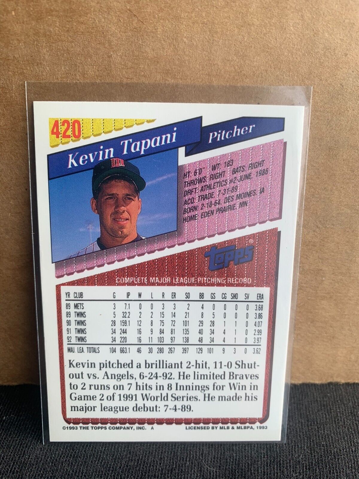 1993 Topps Baseball Card Minnesota Twins Kevin Tapani