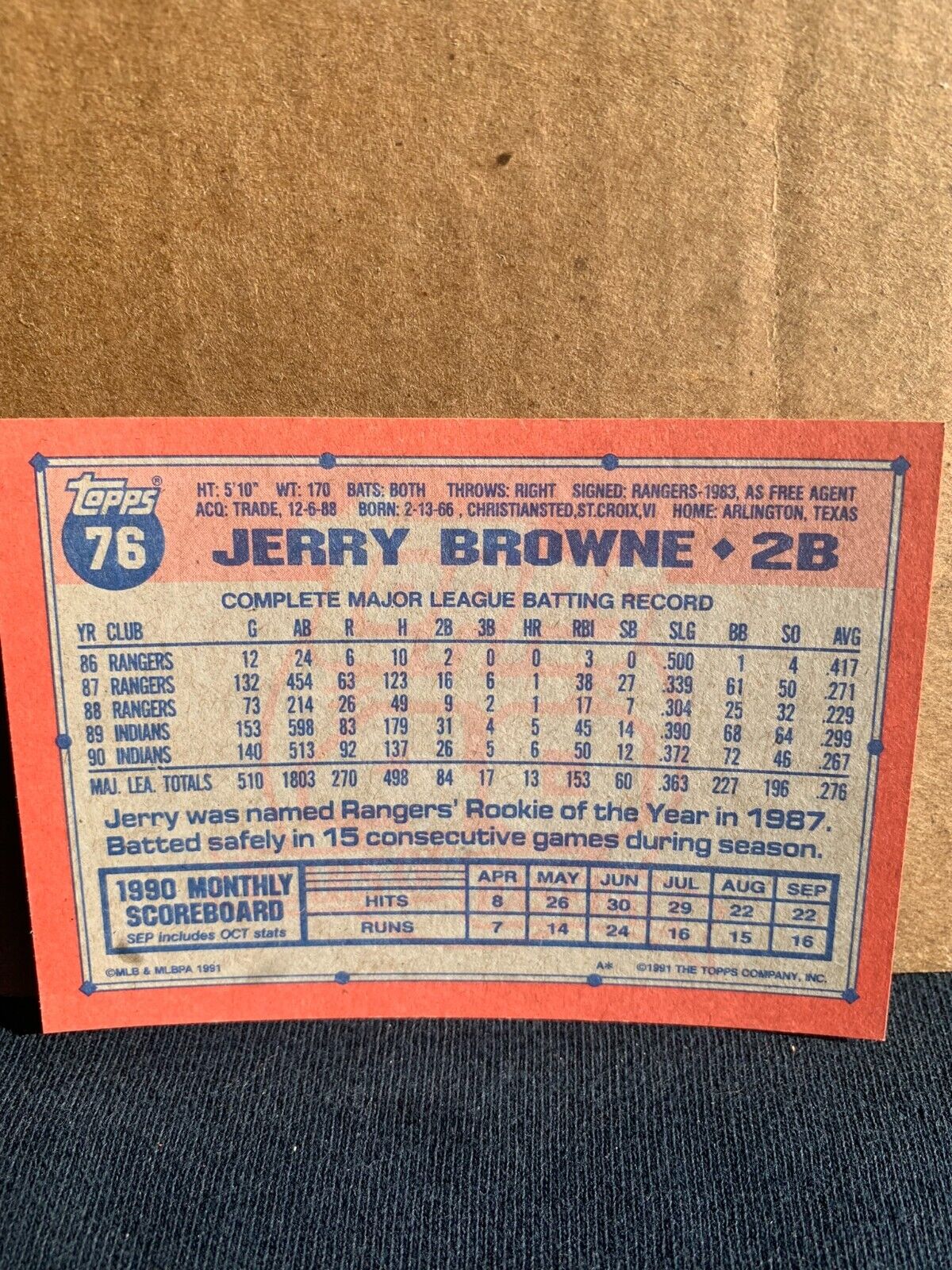 1991 Topps Baseball Card Cleveland Indians Jerry Browne