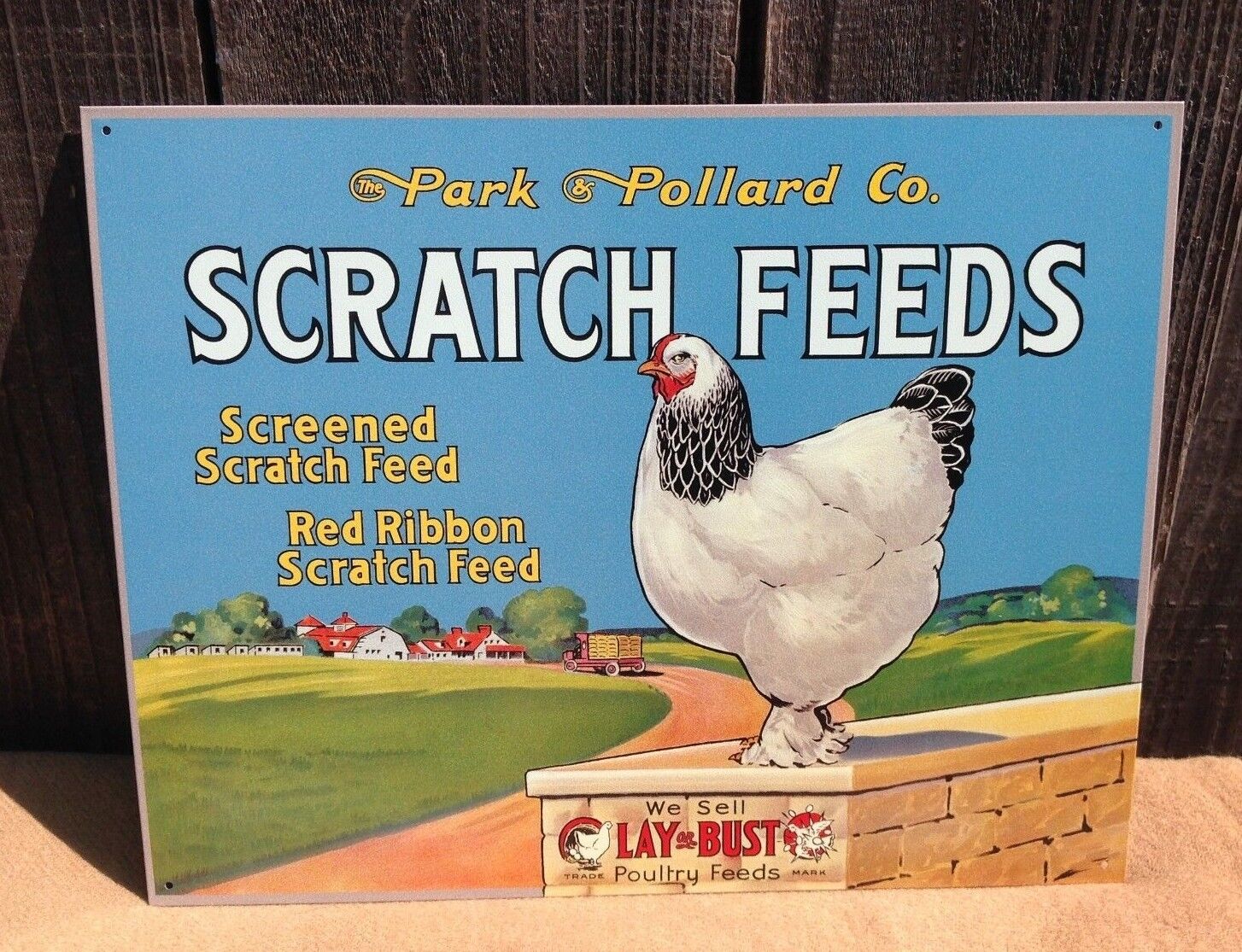 Scratch Poultry Feeds Park Pollard Sign Tin Vintage Garage Bar Decor Old Rustic