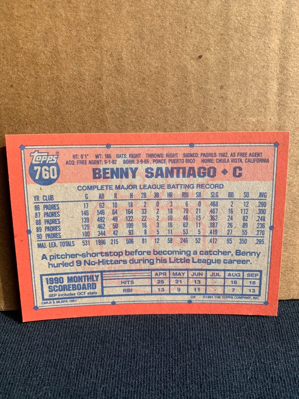 1991 Topps Baseball Card San Diego Padres Benny Santiago