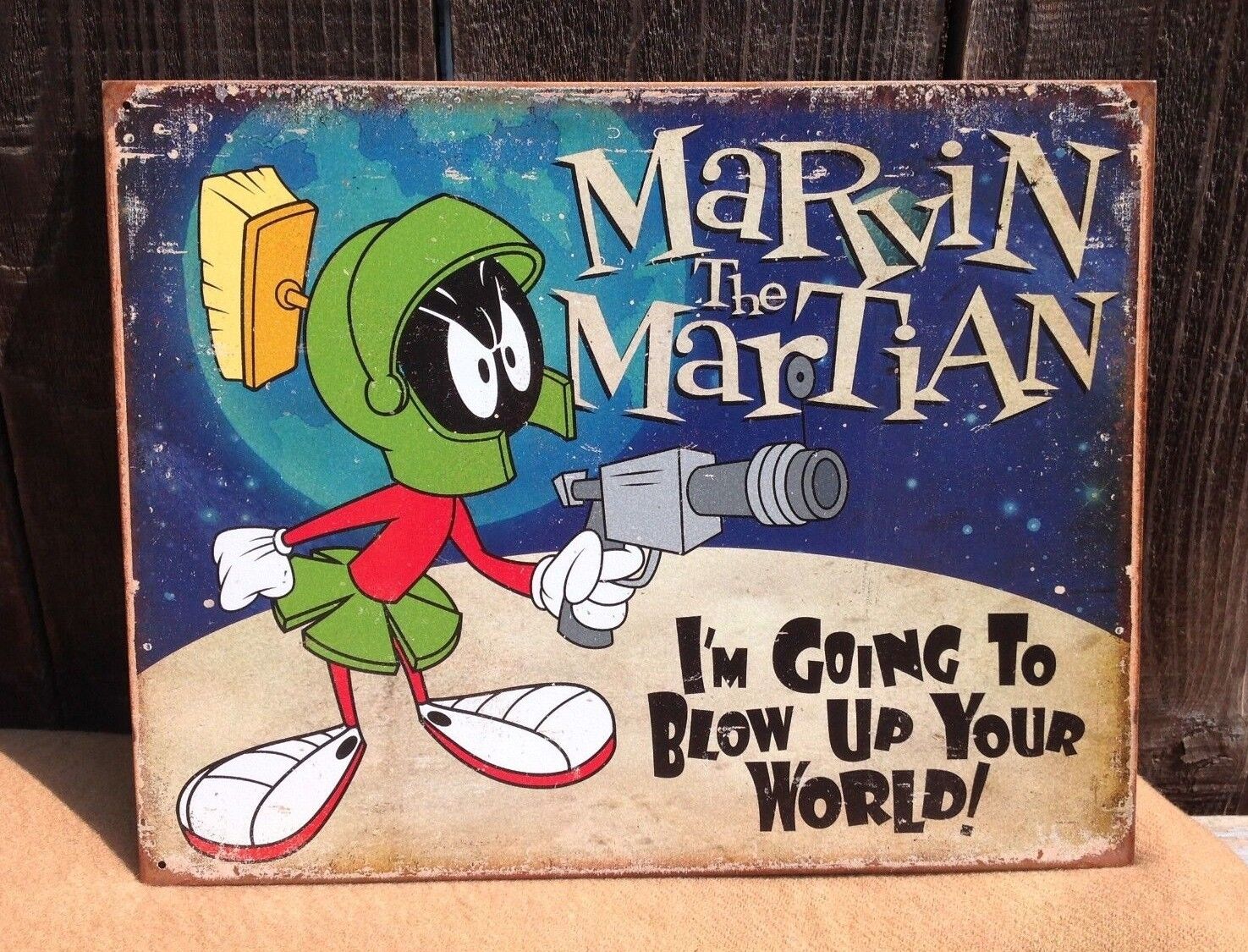 Marvin the Martian Blow up world Metal Sign Tin Vintage Wall Garage Old Rustic