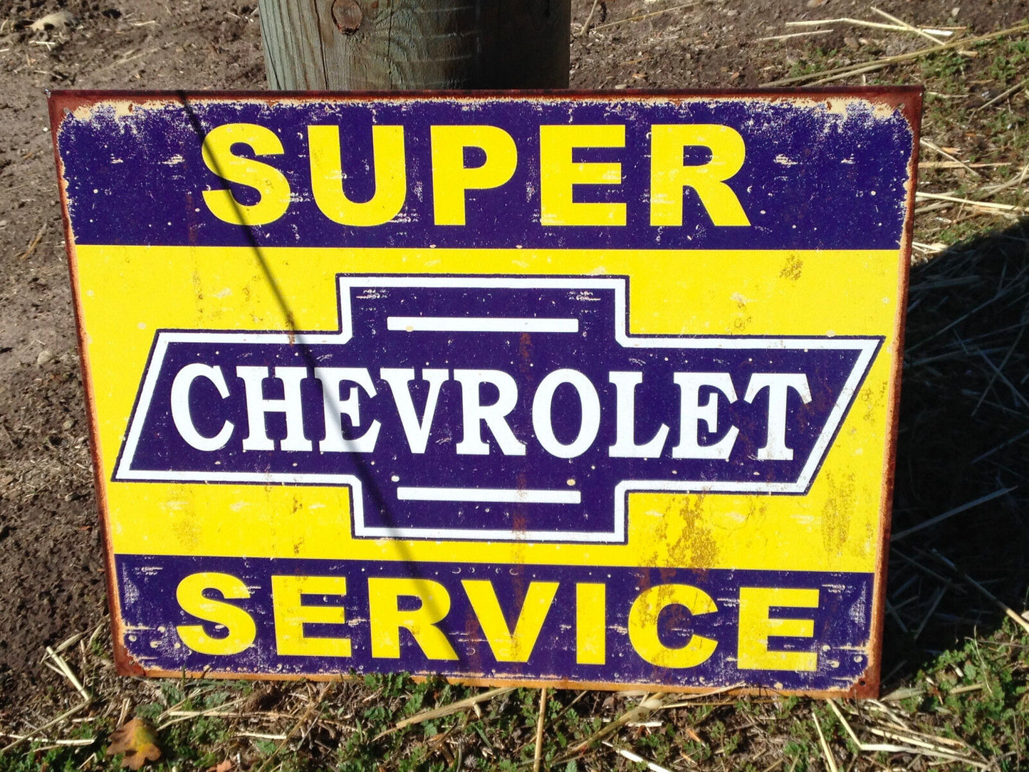 Vintage Chevy Super Service Tin Metal Sign Wall Garage Shop Rustic Auto Parts