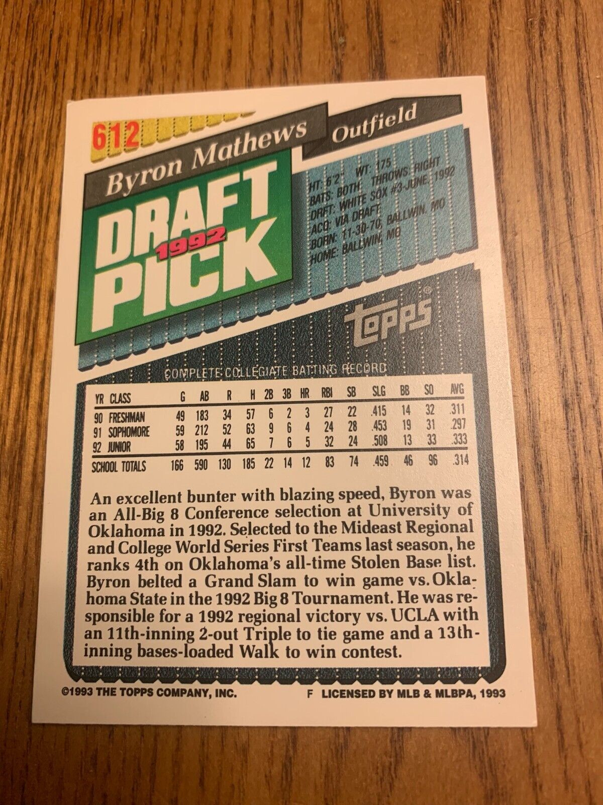 1993 Topps Baseball Card Draft Pick Byron Mathews