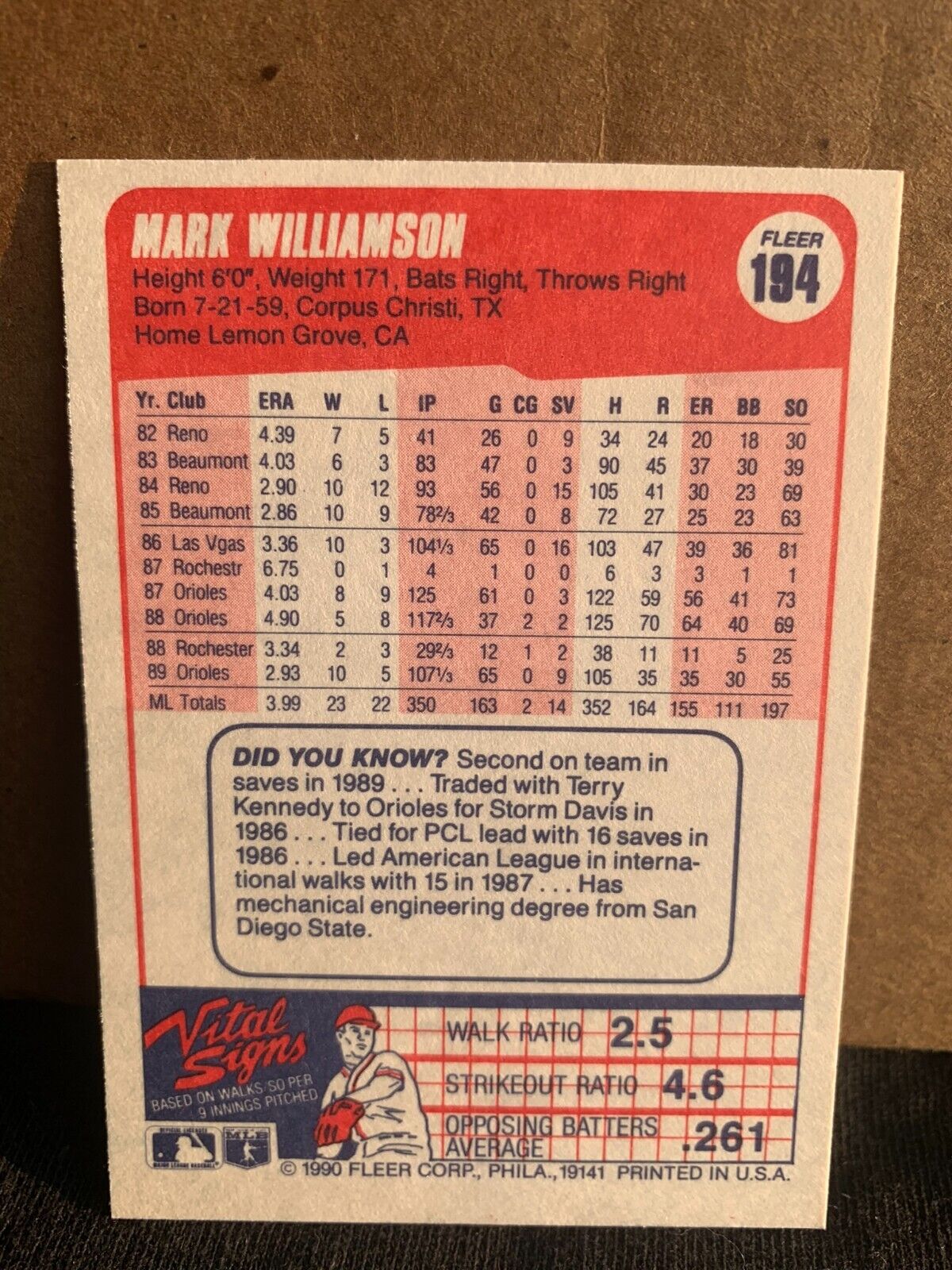 1990 Fleer Baseball Card Baltimore Orioles Mark Williamson