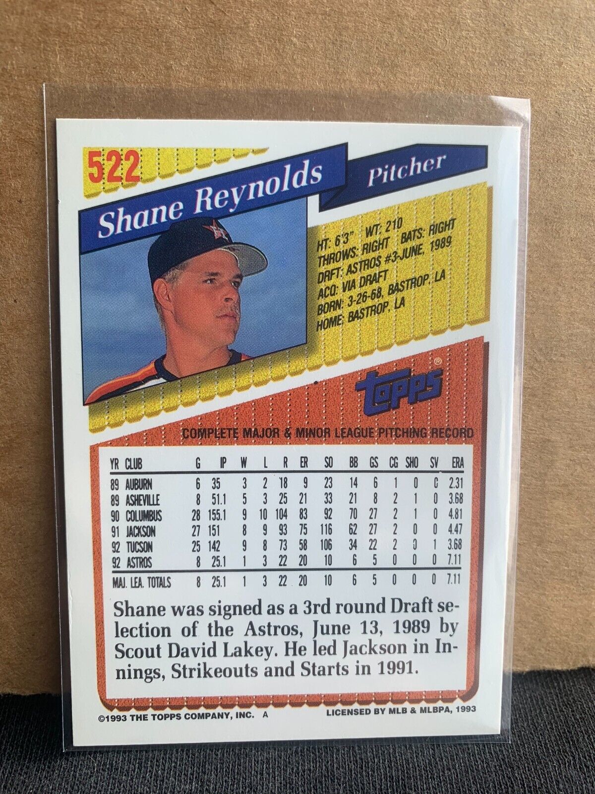 1993 Topps Baseball Card Houston Astros Shane Reynolds  