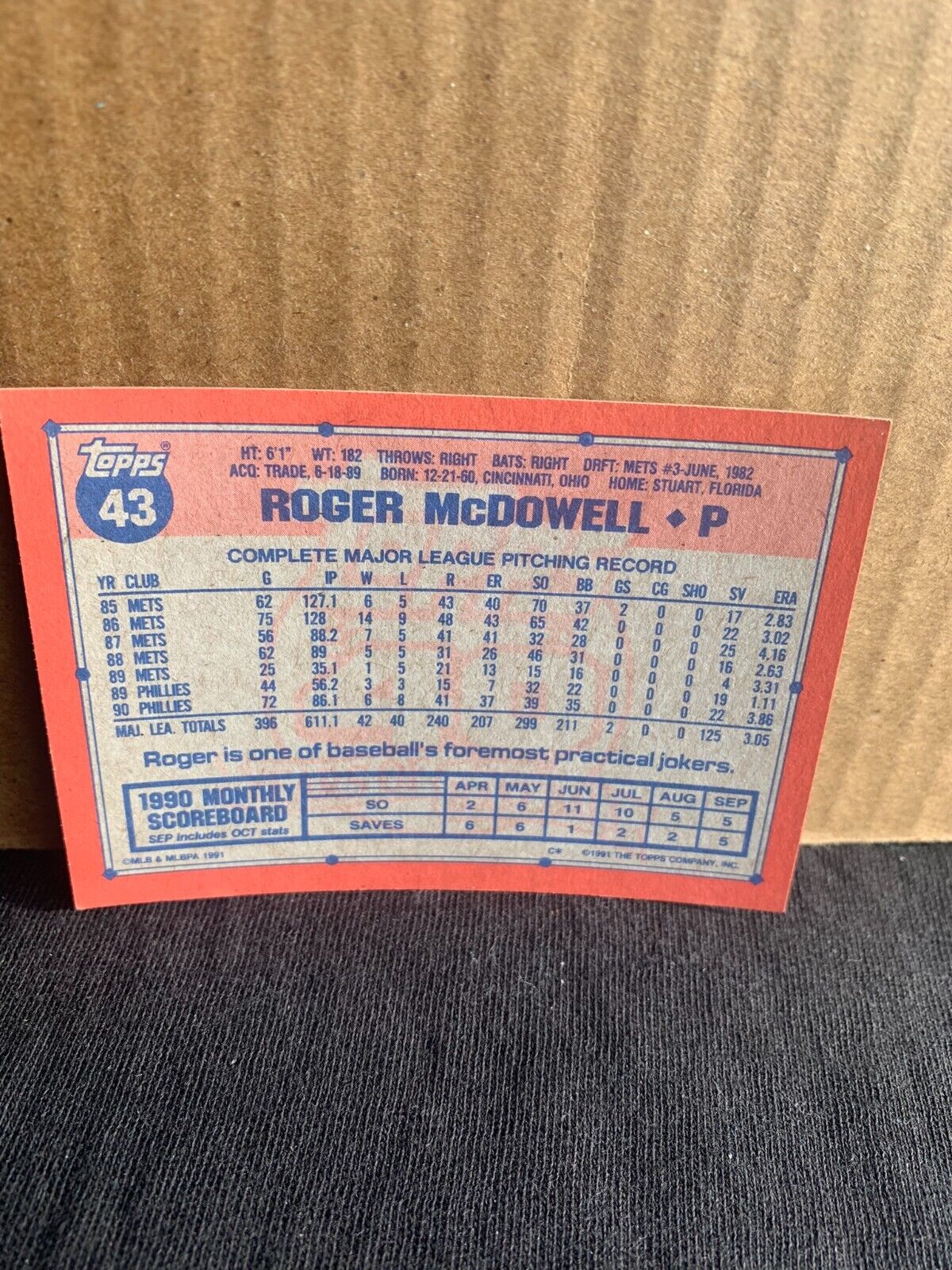 1991 Topps Baseball Card Philadelphia Phillies Roger McDowell