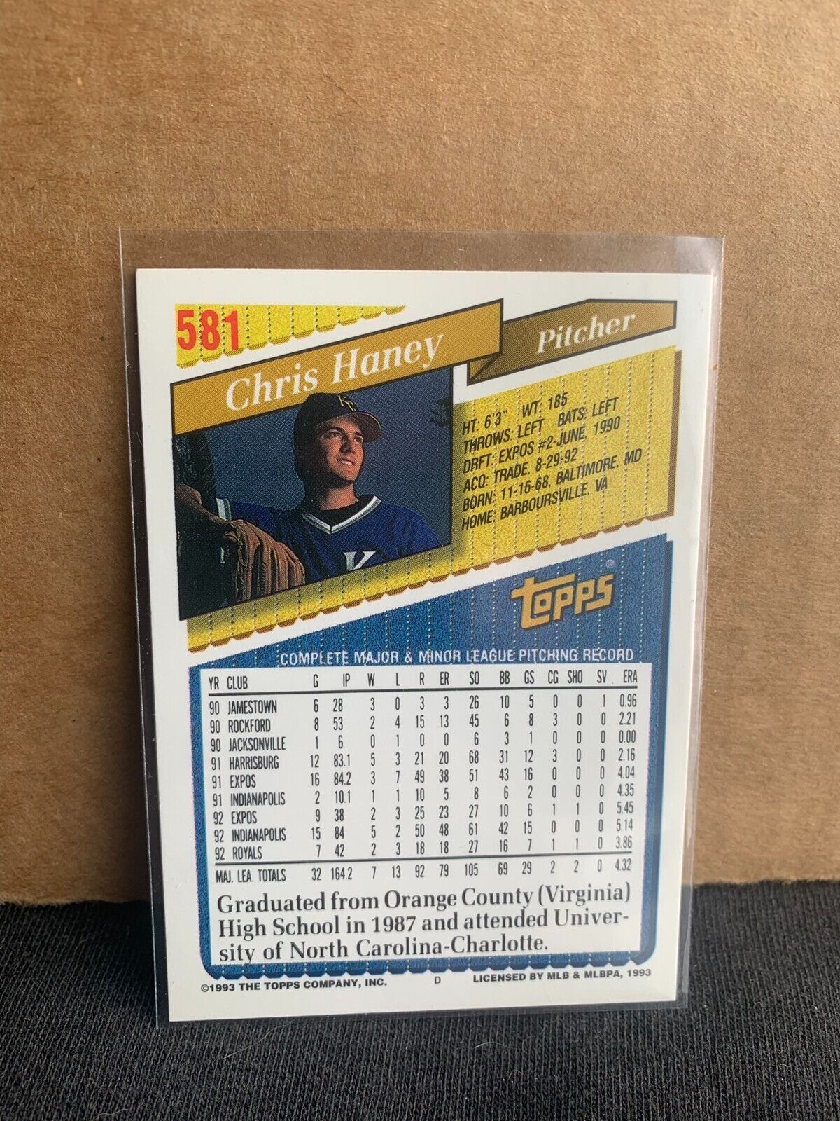 1993 Topps Baseball Card Kansas City Royals Chris Haney