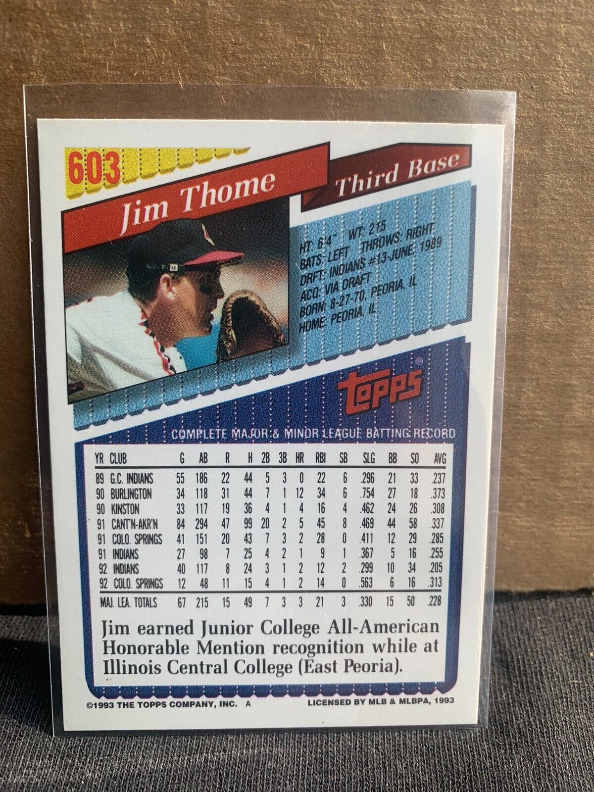 1993 Topps Baseball Card Cleveland Indians Jim Thome 