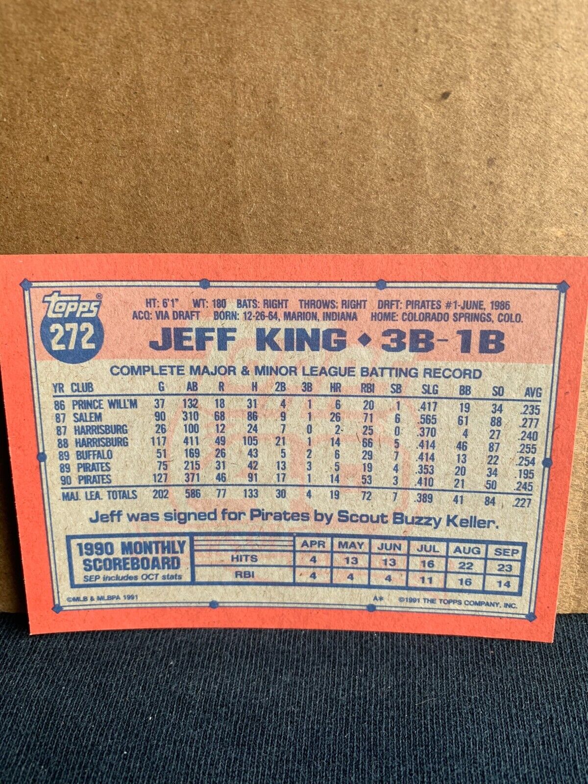 1991 Topps Baseball Card Pittsburgh Pirates Jeff King