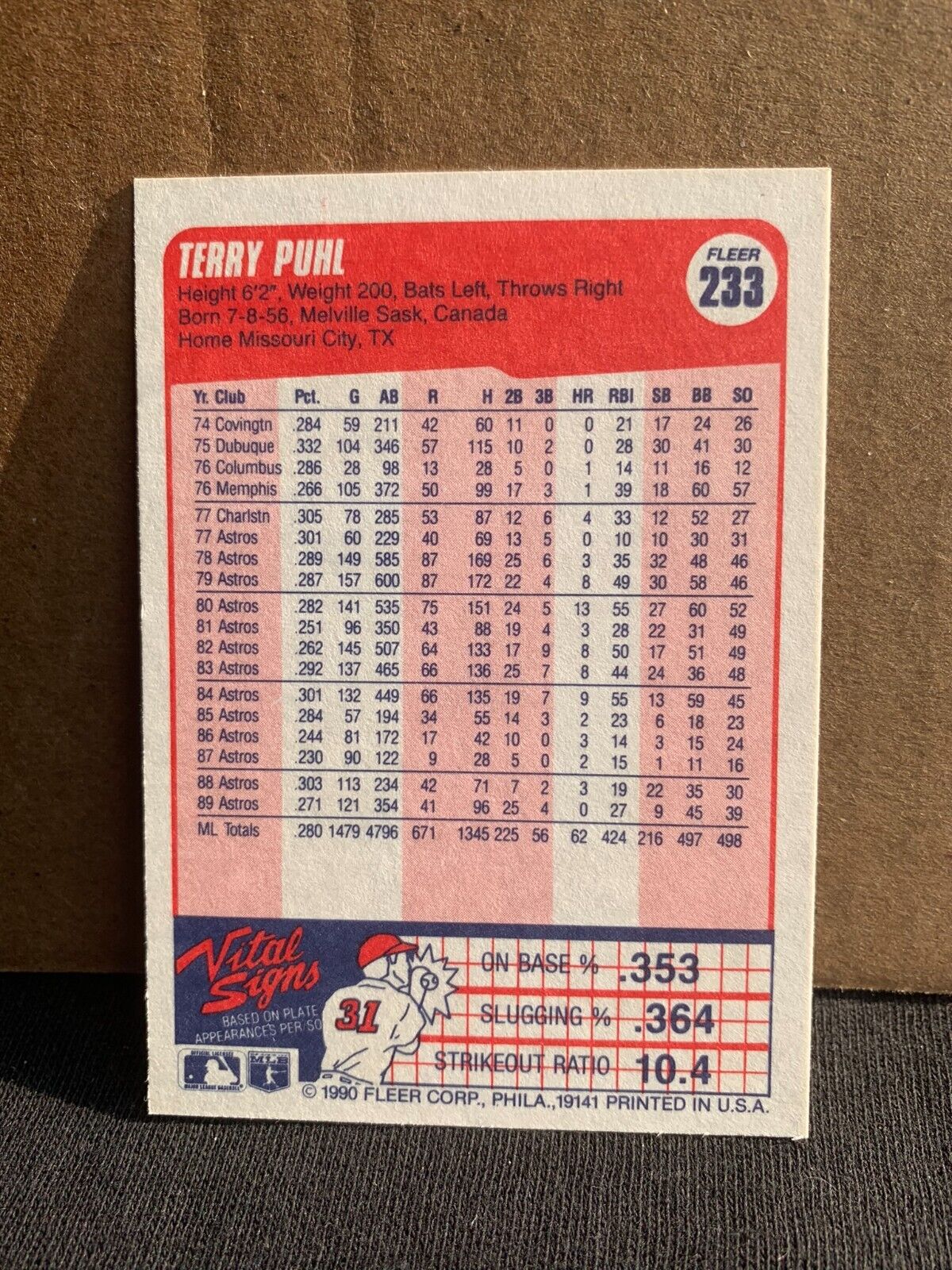1990 Fleer Baseball Card Houston Astros Terry Puhl