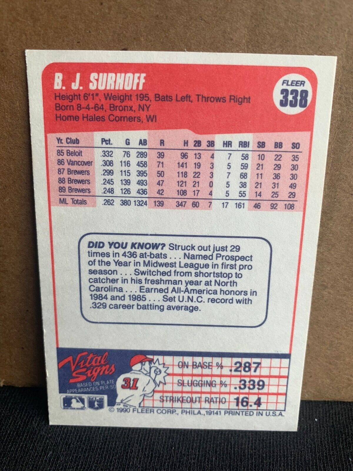 1990 Fleer Baseball Card Milwaukee Brewers B.J. Surhoff