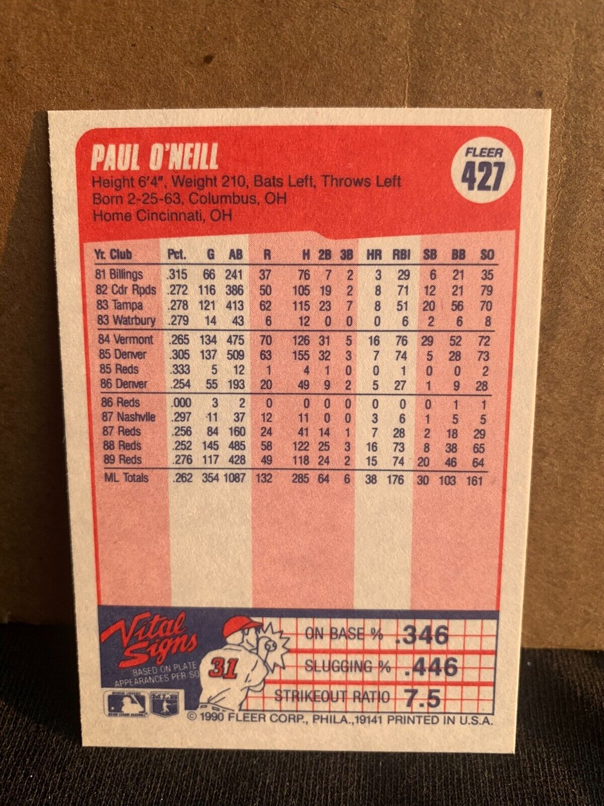 1990 Fleer Baseball Card Cincinnati Reds Paul O'neill