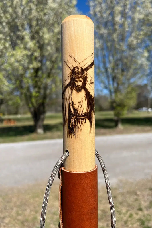 John 3:16 Scripture Wood Walking Stick — Jesus Carrying Cross