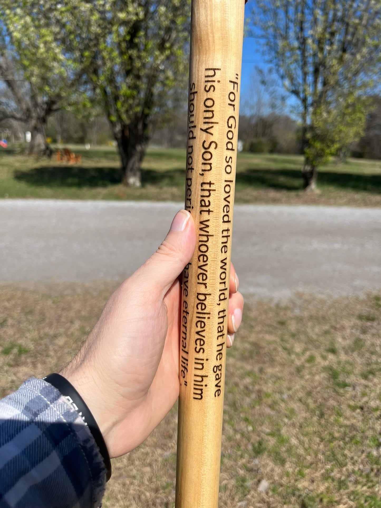 Jesus Carrying Cross, John 3:16, Natural Earth Tones Poplar Wood Walking Stick, Hiking Staff, Bible Verse, Personalized Gift