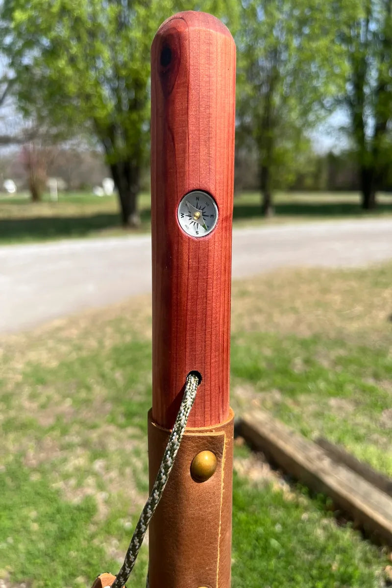 Handcrafted red cedar wood walking stick with inlaid 5/8" rustproof aluminum military compass and paracord, made in USA