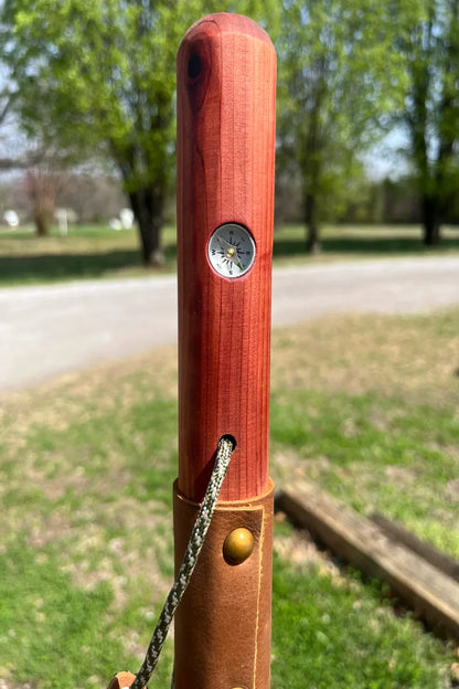 Handcrafted red cedar wood walking stick with inlaid 5/8" rustproof aluminum military compass and paracord, made in USA