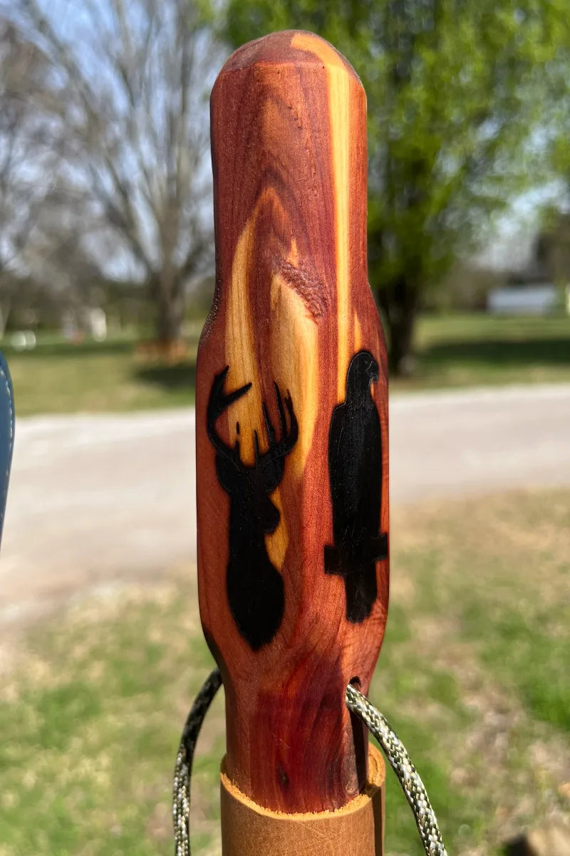 Handcrafted cedar wood walking stick rounded top with engraved eagle and deer, paracord and leather grip, made in USA