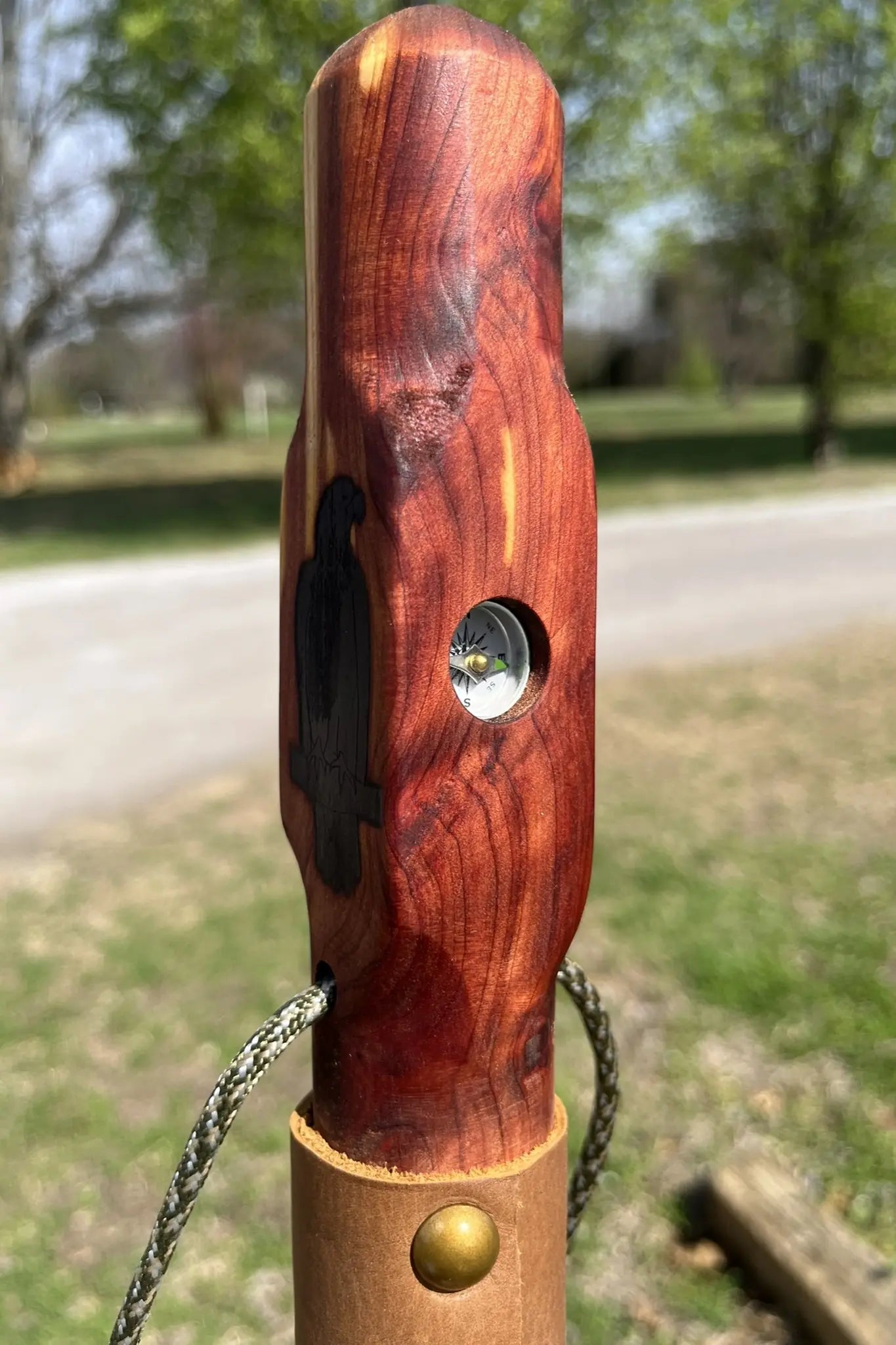 Handcrafted cedar wood walking stick with engraved eagle and inlaid 5/8" aluminum rustproof military compass, made in USA