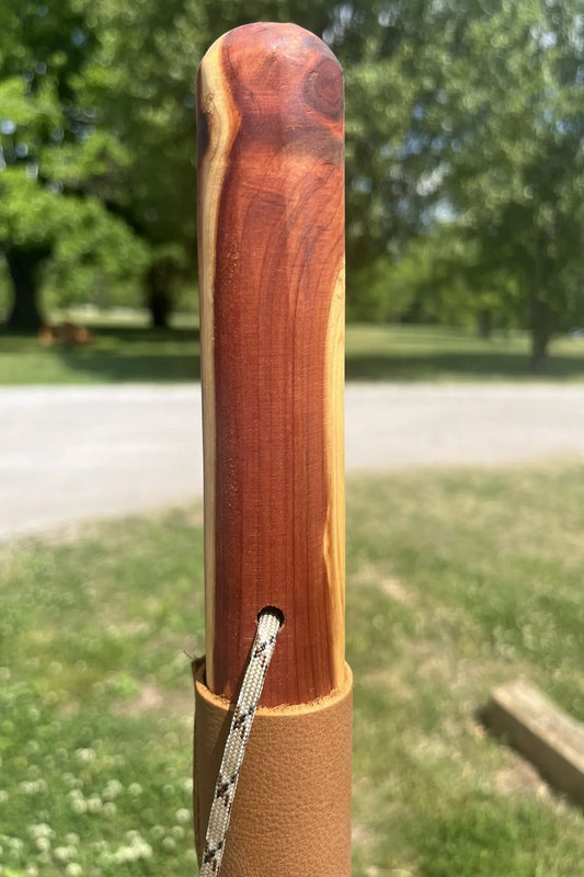 Handcrafted original red cedar wood walking stick with paracord and leather grip, made in USA