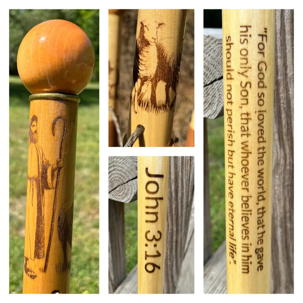 Wood walking cane with Jesus shepherd engraving and John 3:16 scripture — handcrafted personalized Christian cane