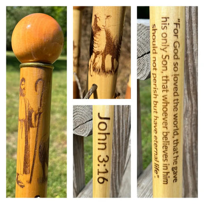 Wood walking cane with Jesus shepherd engraving and John 3:16 scripture — handcrafted personalized Christian cane