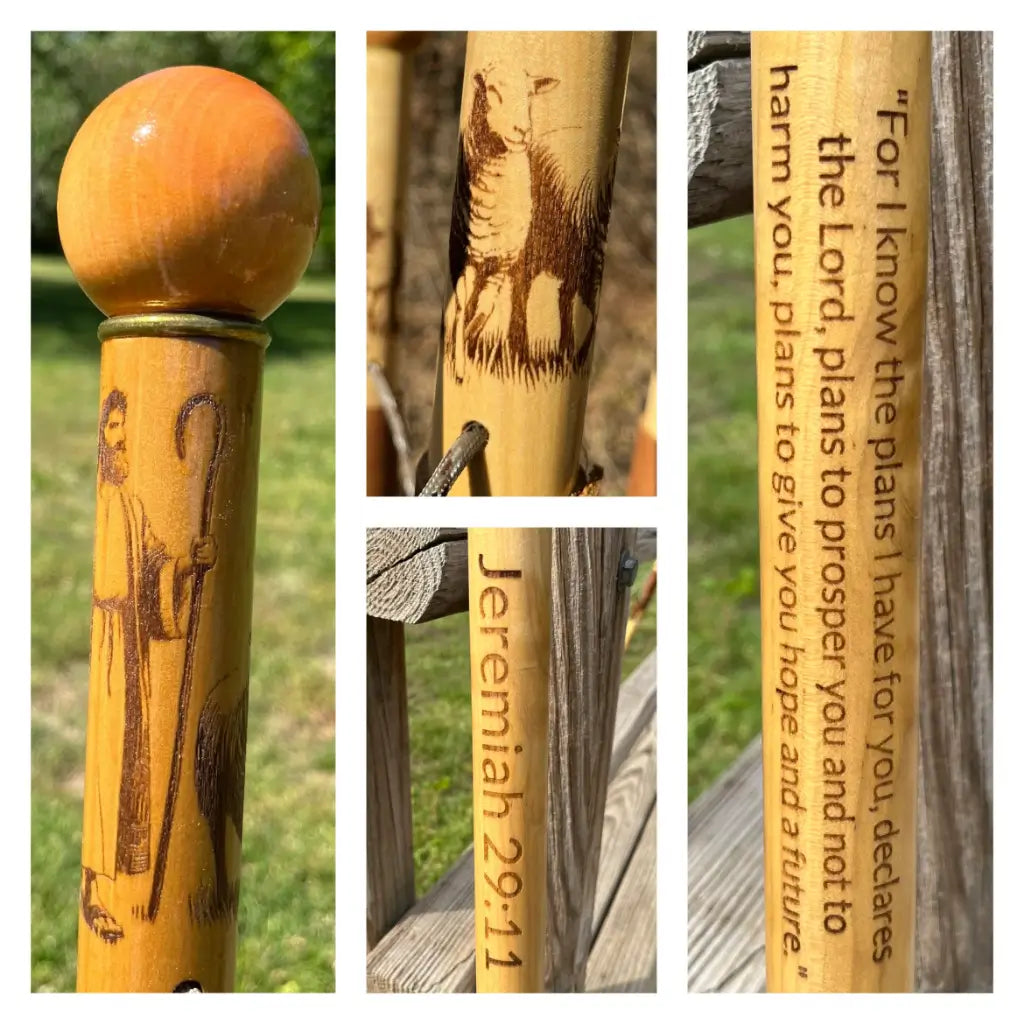 Personalized wood walking cane with Jesus carving and Jeremiah 29:11 scripture engraving — Christian heirloom gift
