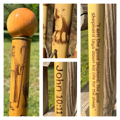 Wood walking cane engraved with Jesus shepherd, sheep, and John 10:11 — "I am the good shepherd" — personalized faith gift