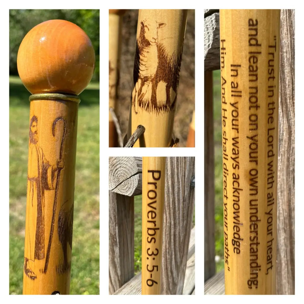 Handcrafted wood cane with Jesus and sheep carving, Proverbs 3:5-6 scripture engraving — personalized faith walking stick