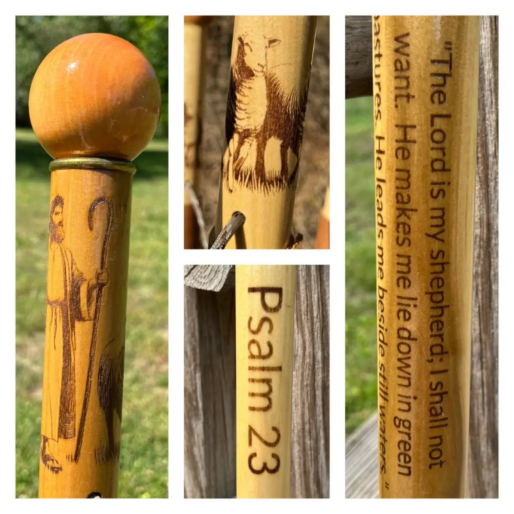 Handcrafted wood walking cane with Jesus shepherd carving, lamb engraving, and Psalm 23 scripture — personalized Christian gift