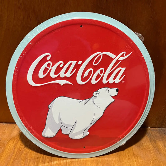 Embossed Coke Polar Bear Cub Sign - Round Steel Metal