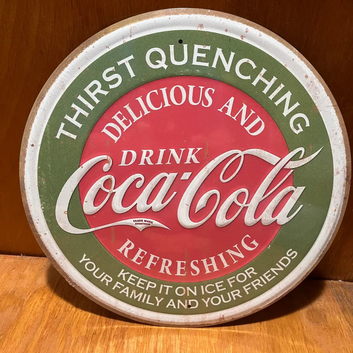Embossed Coke Thirst Quenching Sign - Round Steel Metal