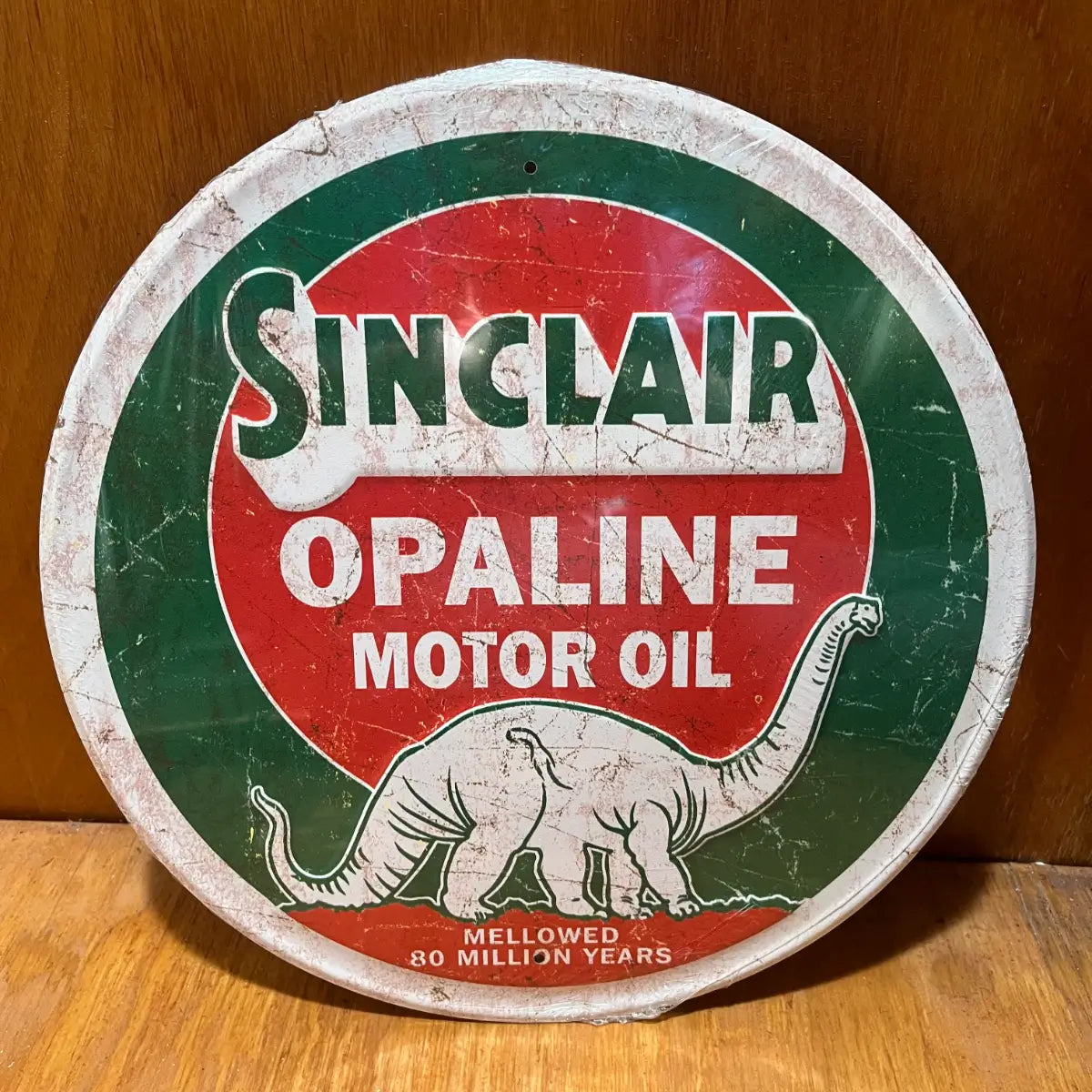 Embossed Sinclair Opaline Gas Motor Oil Sign - Round Steel Metal