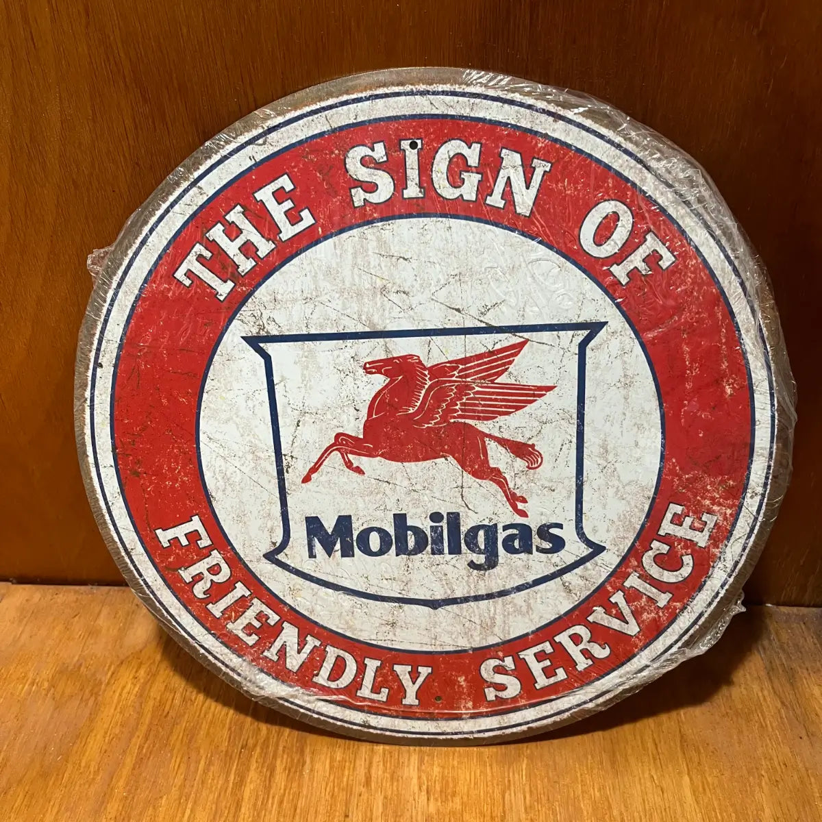 Embossed Mobilgas Motor Oil Sign - Round Steel Metal