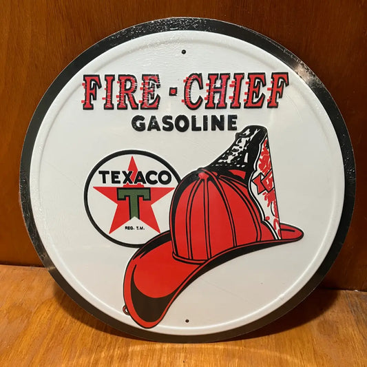 Embossed Texaco Fire Chief Gas Motor Oil Sign - Round Steel Metal