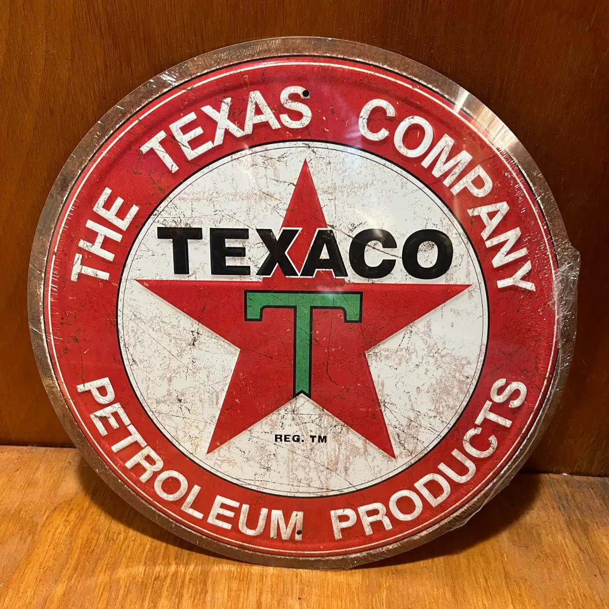 Embossed Texaco Petroleum Gas Motor Oil Sign - Round Steel Metal