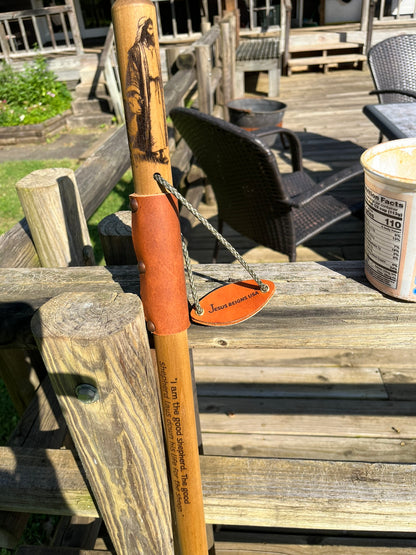 The Good Shepherd Natural Earth Tones Poplar Wood Walking Stick, Hiking Staff, Bible Verse, Personalized Gift