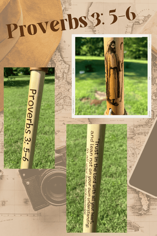 Proverbs 3:5-6, Natural Earth Tones Poplar Wood Walking Stick, Hiking Staff, Bible Verse, Personalized Gift