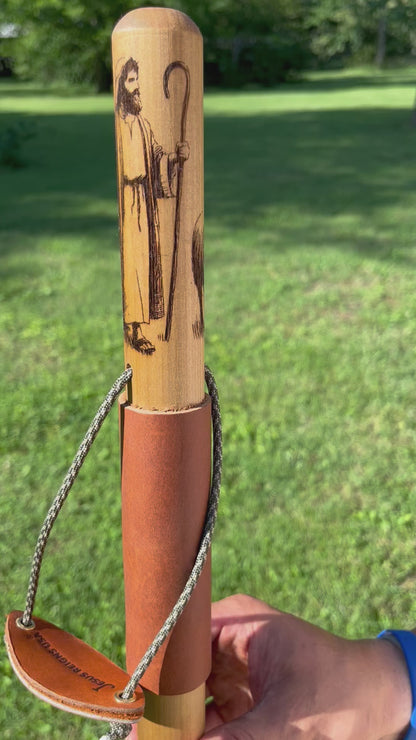 The Good Shepherd Natural Earth Tones Poplar Wood Walking Stick, Hiking Staff, Bible Verse, Personalized Gift